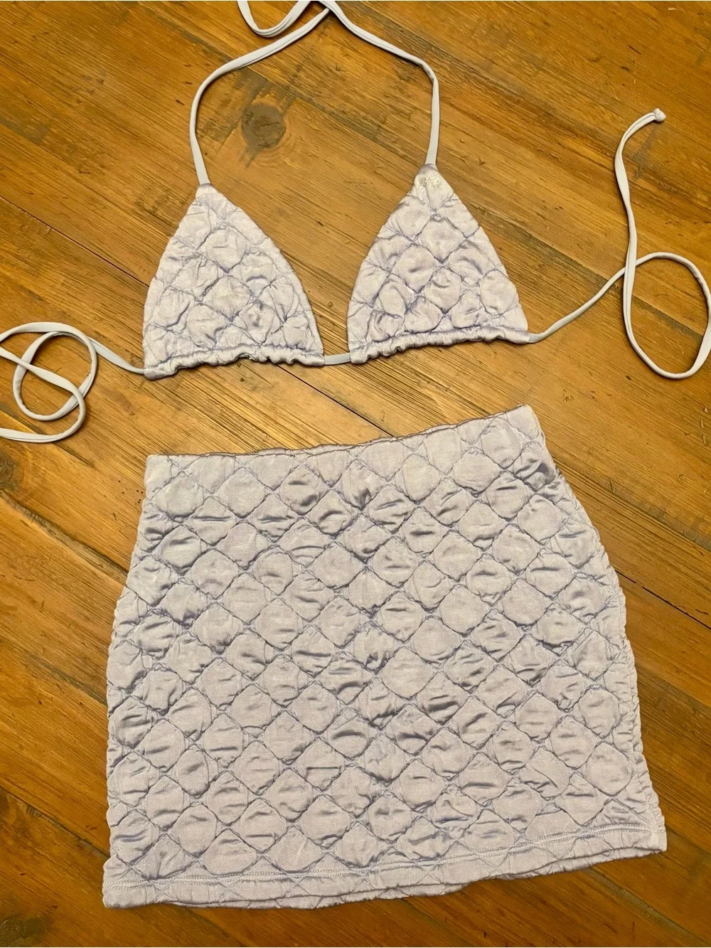 NWT Frankie’s bikinis quilted blue puff triangle top and skirt set